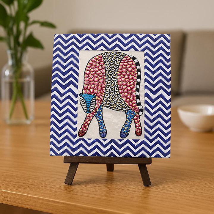 Indha Hand-Embroidered Gond Leopard – Textile Art with Hand Block-Printed Frame & Mini Wooden Easel