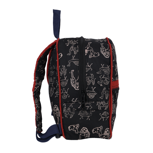 INDHA Kids Backpack Bag | Black Denim Kids Backpack Bag | Hand Block Printed White Camel Design Motif | Kids Bag | School Bag | Gifting | Handmade | Denim Bag | Bag For Kids