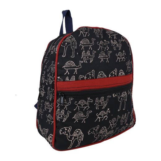 INDHA Kids Backpack Bag | Black Denim Kids Backpack Bag | Hand Block Printed White Camel Design Motif | Kids Bag | School Bag | Gifting | Handmade | Denim Bag | Bag For Kids