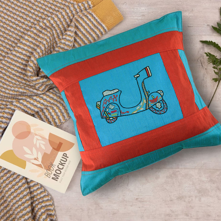 Indha Hand Embroidered Cushion Cover Scooter Embroidery | Dupion Silk Cushion Cover |  Corporate Gifting | Home Furnishing | Home Improvement | Home Decor | Set of 2,16x16 Inches Cushion Cover