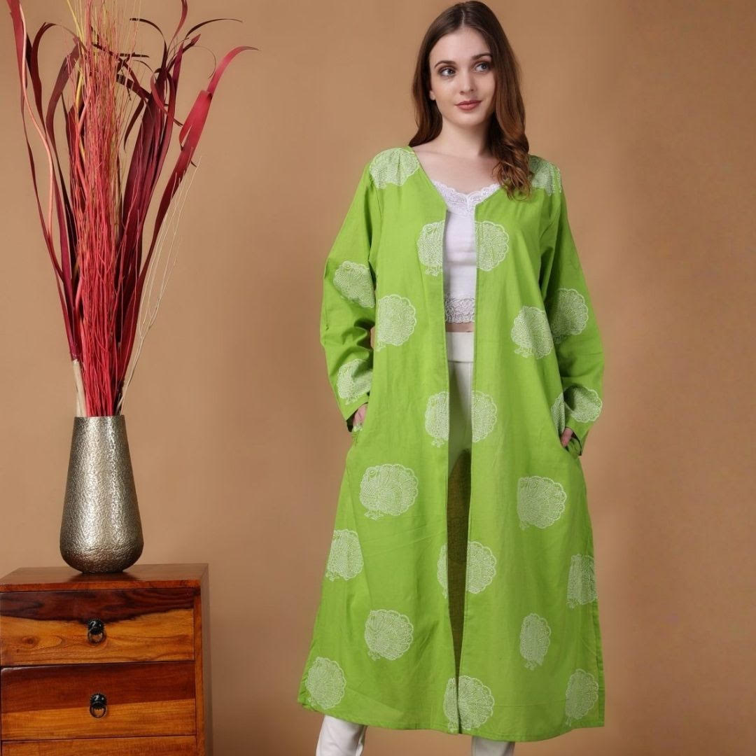 Indha Shrug | Green Cotton Shrug | Hand Block Printed White Peacock Design Motif | Hand Block Printed Shrug | Full Sleeves Shrug | Shrugs For Women | Traditional Shrugs | Gifting | Fashion Wear | Indo Western Shrug | Fashion Apparel | Ethnic