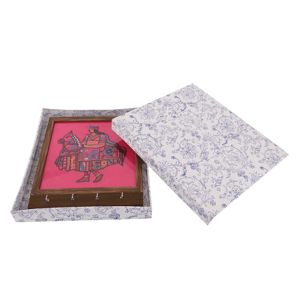 Indha Handcrafted Wooden Key Holder | Pink Dupion Silk Key Holder| Hand Embroidered Chain Stitch And Kantha Work Multicolor Kachhi Ghodi Design | Pine Wood Key Holder |