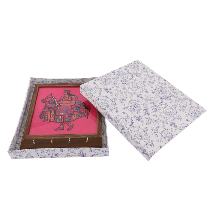 Indha Handcrafted Wooden Key Holder | Pink Dupion Silk Key Holder| Hand Embroidered Chain Stitch And Kantha Work Multicolor Kachhi Ghodi Design | Pine Wood Key Holder |