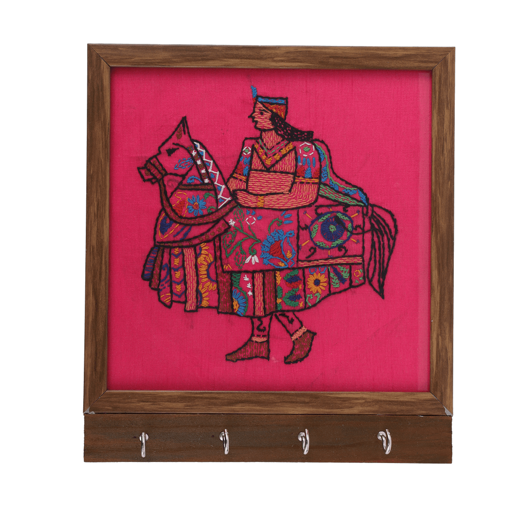 Indha Handcrafted Wooden Key Holder | Pink Dupion Silk Key Holder| Hand Embroidered Chain Stitch And Kantha Work Multicolor Kachhi Ghodi Design | Pine Wood Key Holder |