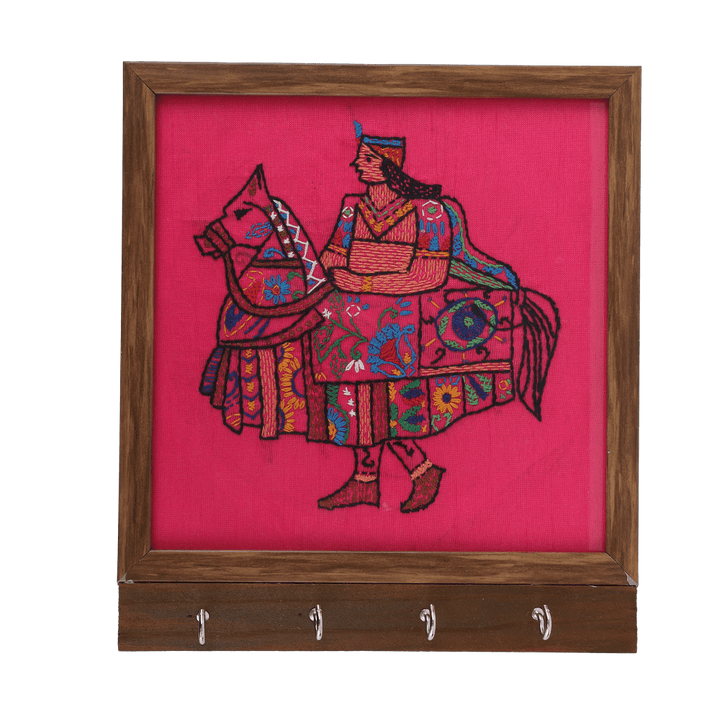 Indha Handcrafted Wooden Key Holder | Pink Dupion Silk Key Holder| Hand Embroidered Chain Stitch And Kantha Work Multicolor Kachhi Ghodi Design | Pine Wood Key Holder |