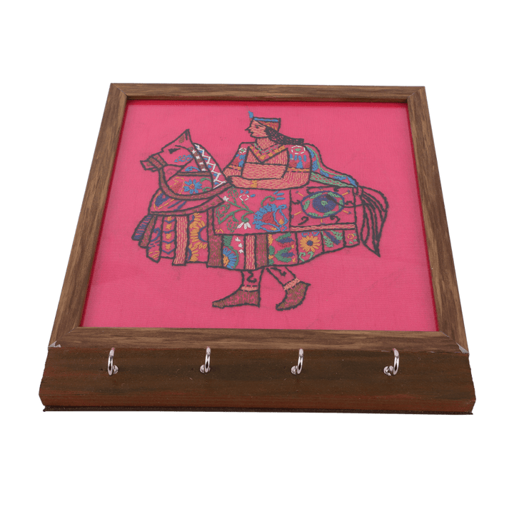 Indha Handcrafted Wooden Key Holder | Pink Dupion Silk Key Holder| Hand Embroidered Chain Stitch And Kantha Work Multicolor Kachhi Ghodi Design | Pine Wood Key Holder |