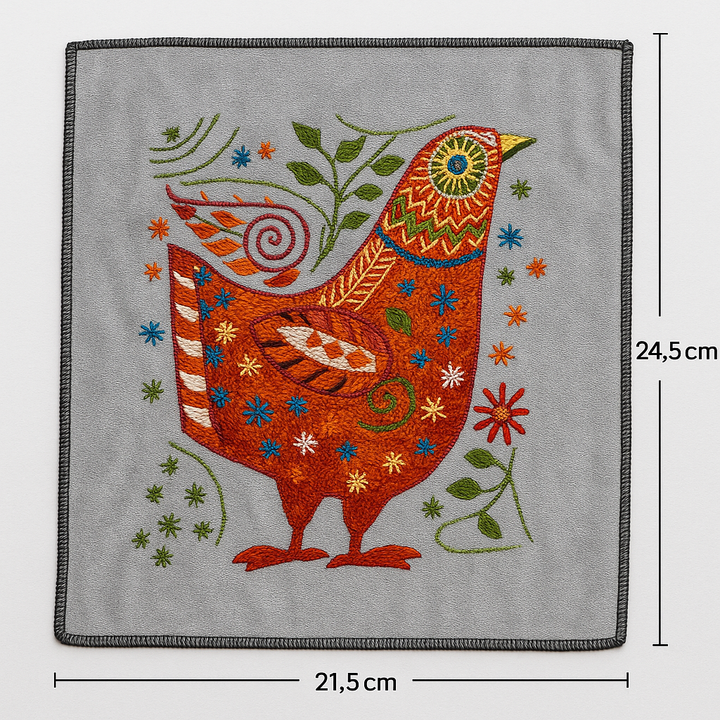Indha Folk Hen Hand Embroidery Panel – Whimsical Bird Motif on Dupion Silk | DIY Decor | Nature-Inspired Gift