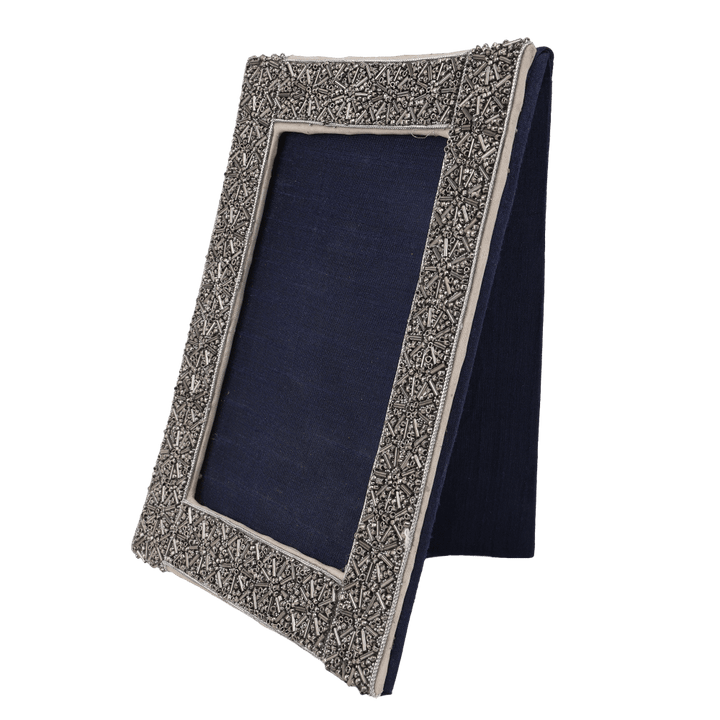 Indha Handcrafted Wooden Photo Frame | Unique Design Photo Frame | Picture Frame | Decorative Photo Frame | Silver Glass Beads Photo Frame | Zardozi Work Embroidery