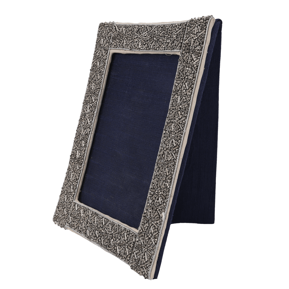 Indha Handcrafted Wooden Photo Frame | Unique Design Photo Frame | Picture Frame | Decorative Photo Frame | Silver Glass Beads Photo Frame | Zardozi Work Embroidery
