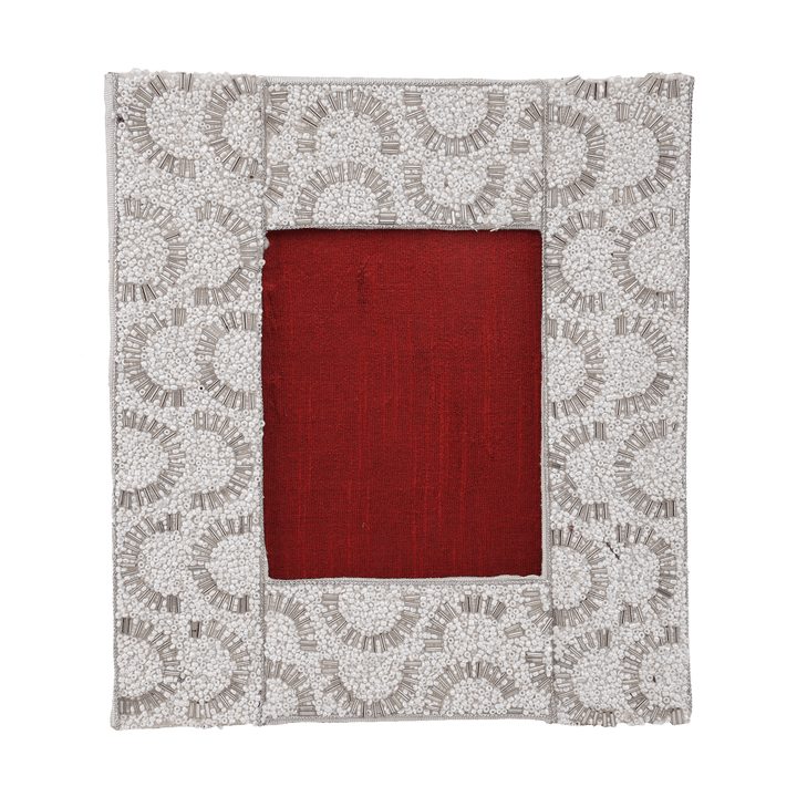 Indha Handcrafted Photo Frame| Unique Design Photo Frame | Table Top Picture Frame | Decorative Photo Frame | White Glass Beads Photo Frame | Zardozi Work Embroidery |