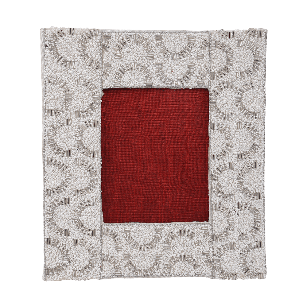 Indha Handcrafted Photo Frame| Unique Design Photo Frame | Table Top Picture Frame | Decorative Photo Frame | White Glass Beads Photo Frame | Zardozi Work Embroidery |