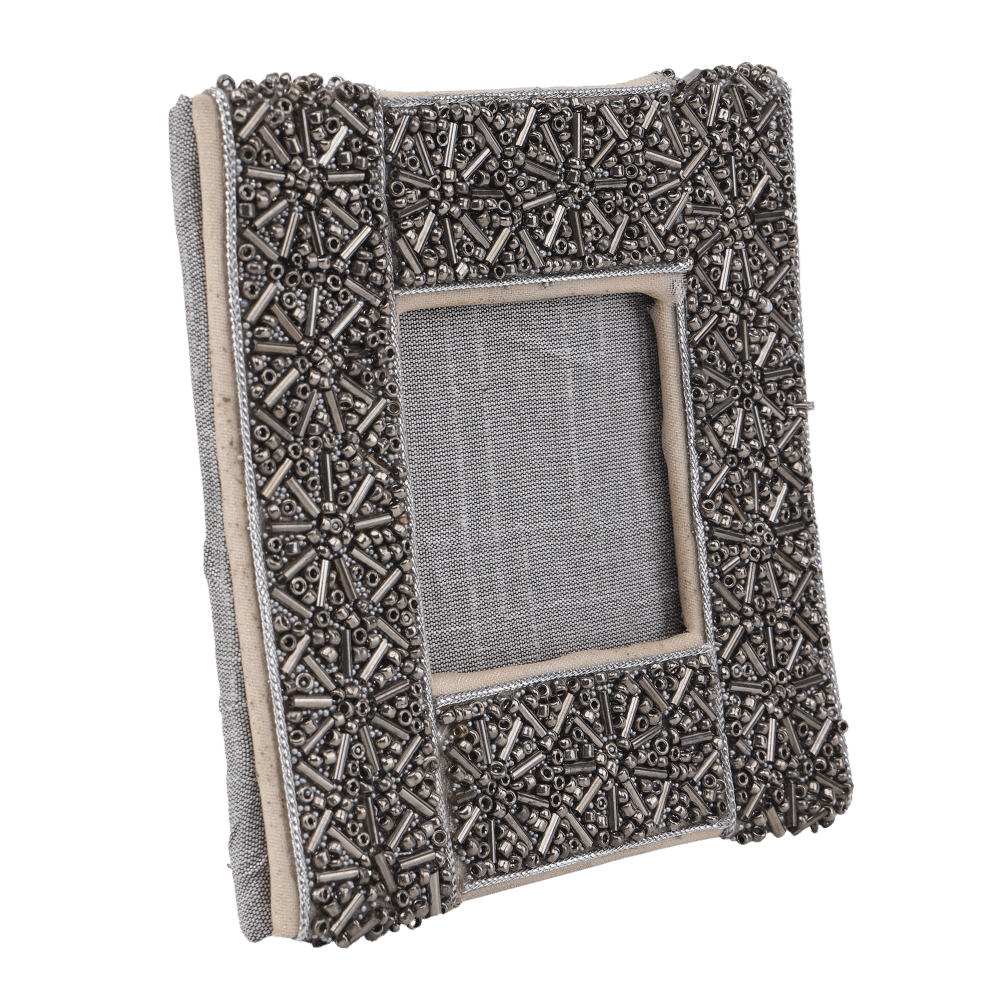 Indha Handcrafted Photo Frame| Unique Design Photo Frame | Table Top Picture Frame | Decorative Photo Frame | Silver Glass Beads Photo Frame | Zardozi Work Embroidery | Eco-Friendly | Corporate Gifting | Office Emp
