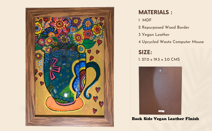 Indha Handpainted Floral Pot Wall Art | Upcycled Mouse &amp; MDF with Repurposed Wood Frame | Sustainable Home Décor with Vegan Leather Back
