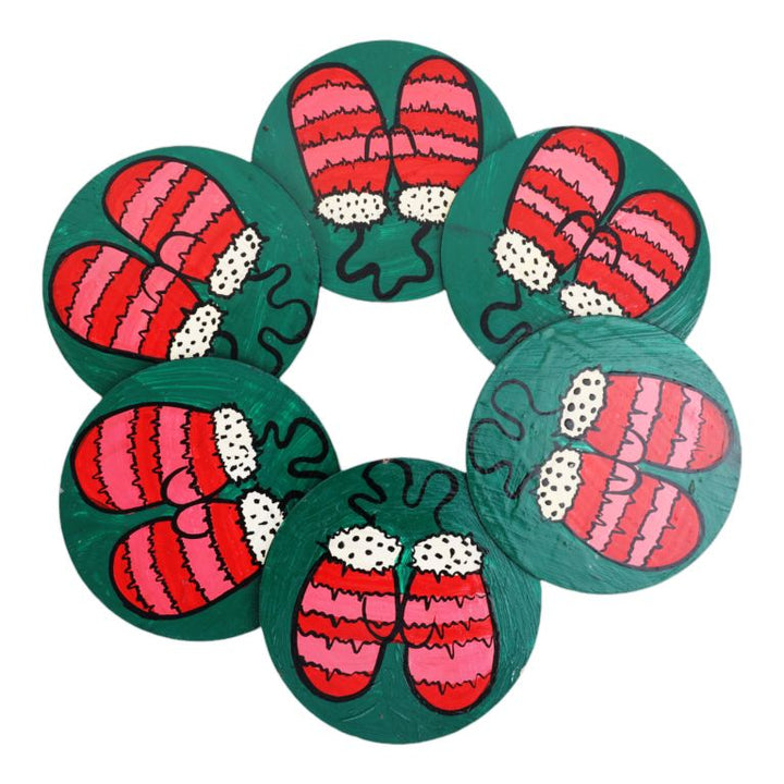 Indha Hand Painted Multicolor Wooden Coasters | Pack of 6 |Living Room Decor | Christmas Gifts | Mitten Doodle Art | Gifts | Company Gifting