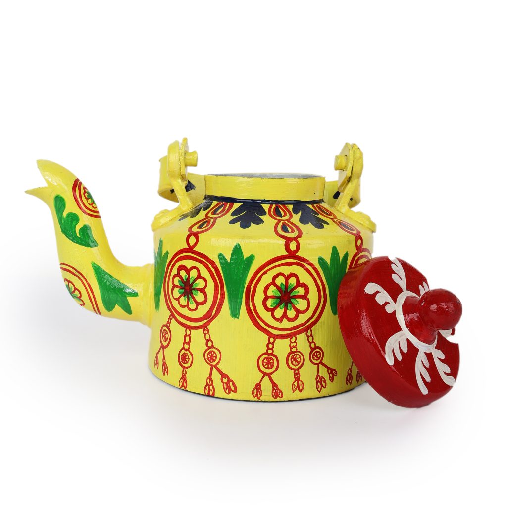 INDHA Yellow Handpainted Aluminium Decorative 	Kettle With Wind Chimes Print | Handpainted Décor | Home Décor | Home Utility | Living Room Décor | Gifting | Décor | Kitchen Utility