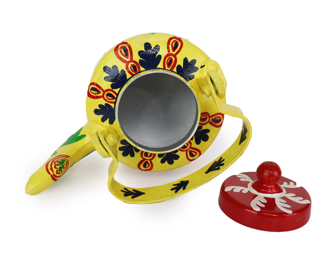 INDHA Yellow Handpainted Aluminium Decorative 	Kettle With Wind Chimes Print | Handpainted Décor | Home Décor | Home Utility | Living Room Décor | Gifting | Décor | Kitchen Utility