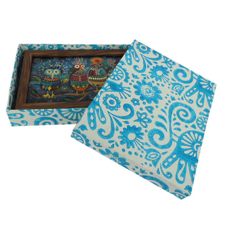 Indha Hand-Painted 4 Birds Wall Art | Upcycled Tablet Painting | Framed in Reclaimed Wood with Vegan Leather Backing | Eco-Friendly &amp; Whimsical Home Decor