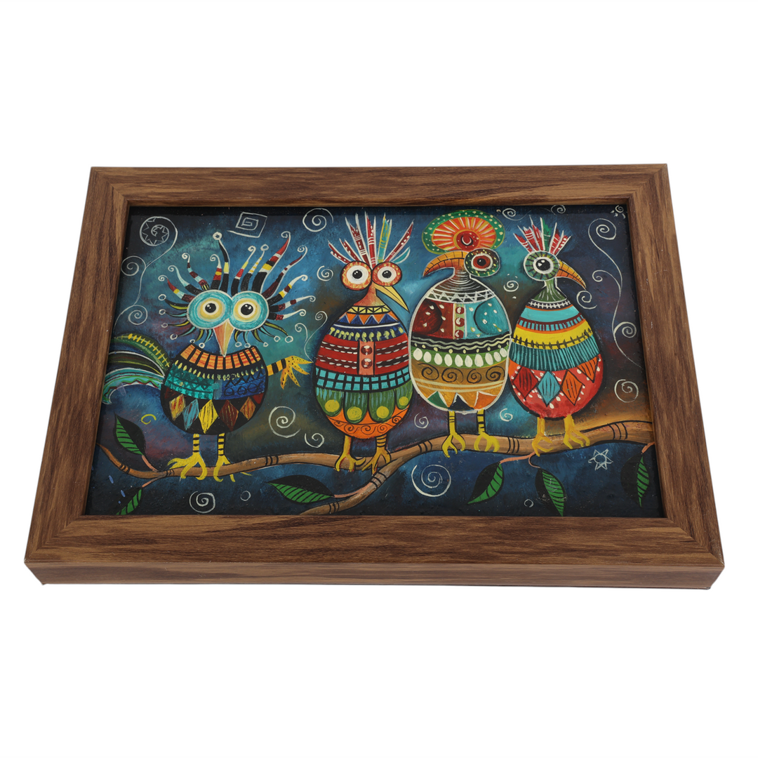 Indha Hand-Painted 4 Birds Wall Art | Upcycled Tablet Painting | Framed in Reclaimed Wood with Vegan Leather Backing | Eco-Friendly &amp; Whimsical Home Decor