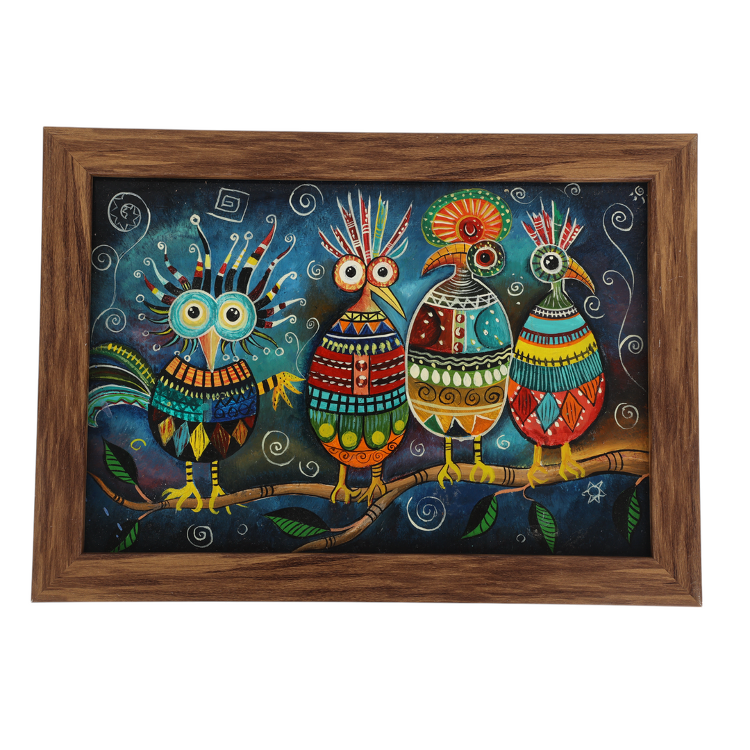 Indha Hand-Painted 4 Birds Wall Art | Upcycled Tablet Painting | Framed in Reclaimed Wood with Vegan Leather Backing | Eco-Friendly &amp; Whimsical Home Decor