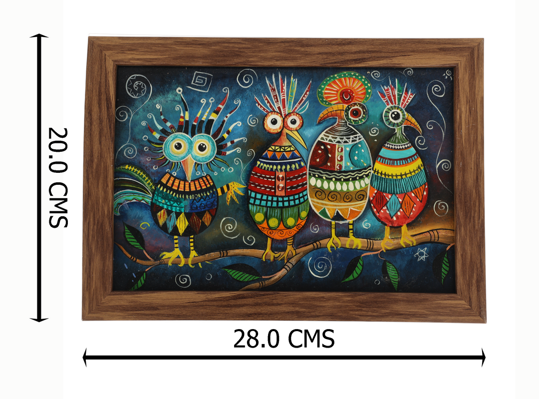 Indha Hand-Painted 4 Birds Wall Art | Upcycled Tablet Painting | Framed in Reclaimed Wood with Vegan Leather Backing | Eco-Friendly &amp; Whimsical Home Decor