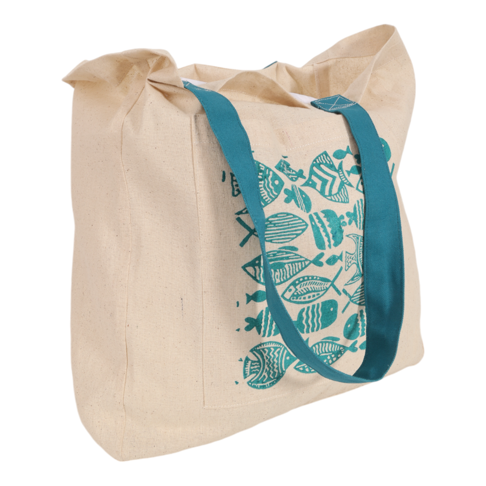 Indha Fish Block Print Cotton Bag – A Stylish and Eco-Friendly Tote for Everyday Use, Shopping, and Beach Adventures