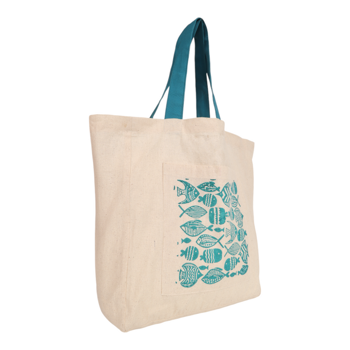 Indha Fish Block Print Cotton Bag – A Stylish and Eco-Friendly Tote for Everyday Use, Shopping, and Beach Adventures