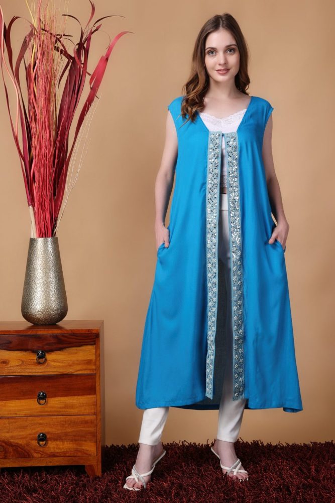 Indha Shrug | Blue Rayon Shrug | Sleeveless Shrug | Shrugs For Women | Traditional Shrugs | Gifting | Fashion Wear | Indo Western Shrug | Fashion Apparel | Ethnic