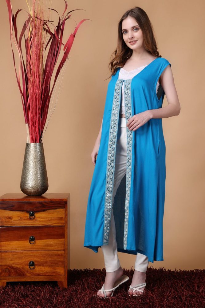 Indha Shrug | Blue Rayon Shrug | Sleeveless Shrug | Shrugs For Women | Traditional Shrugs | Gifting | Fashion Wear | Indo Western Shrug | Fashion Apparel | Ethnic