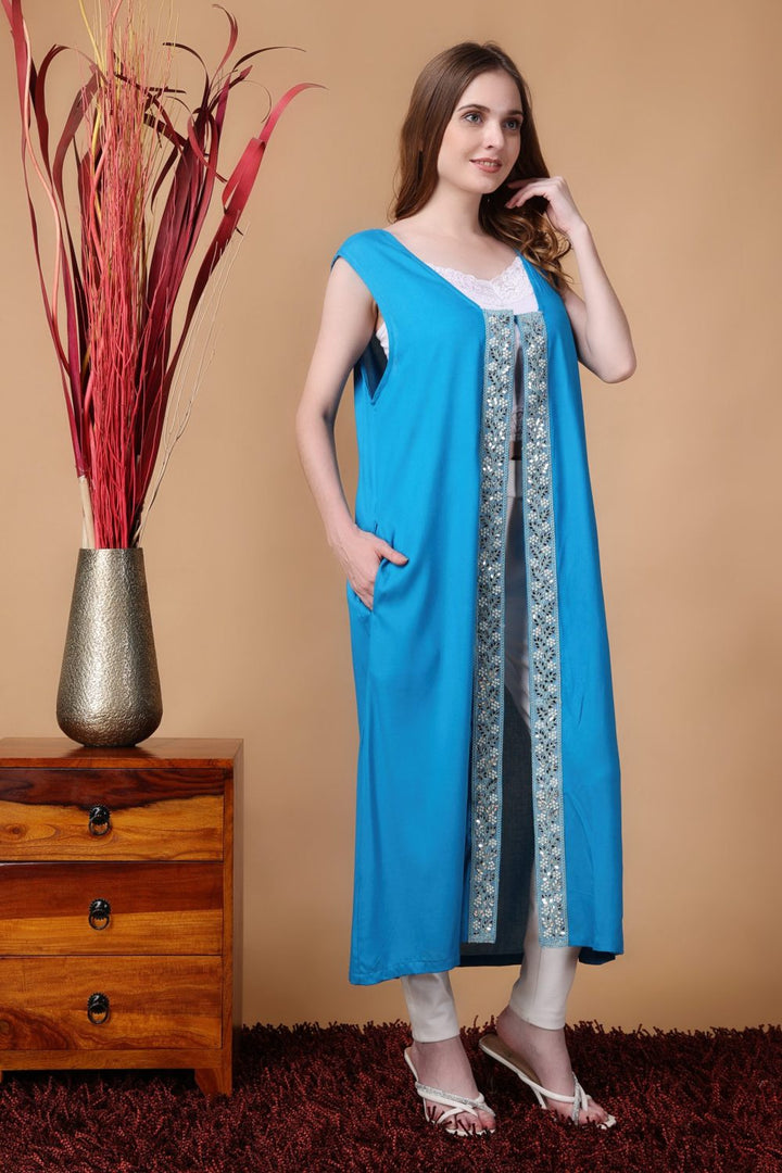 Indha Shrug | Blue Rayon Shrug | Sleeveless Shrug | Shrugs For Women | Traditional Shrugs | Gifting | Fashion Wear | Indo Western Shrug | Fashion Apparel | Ethnic