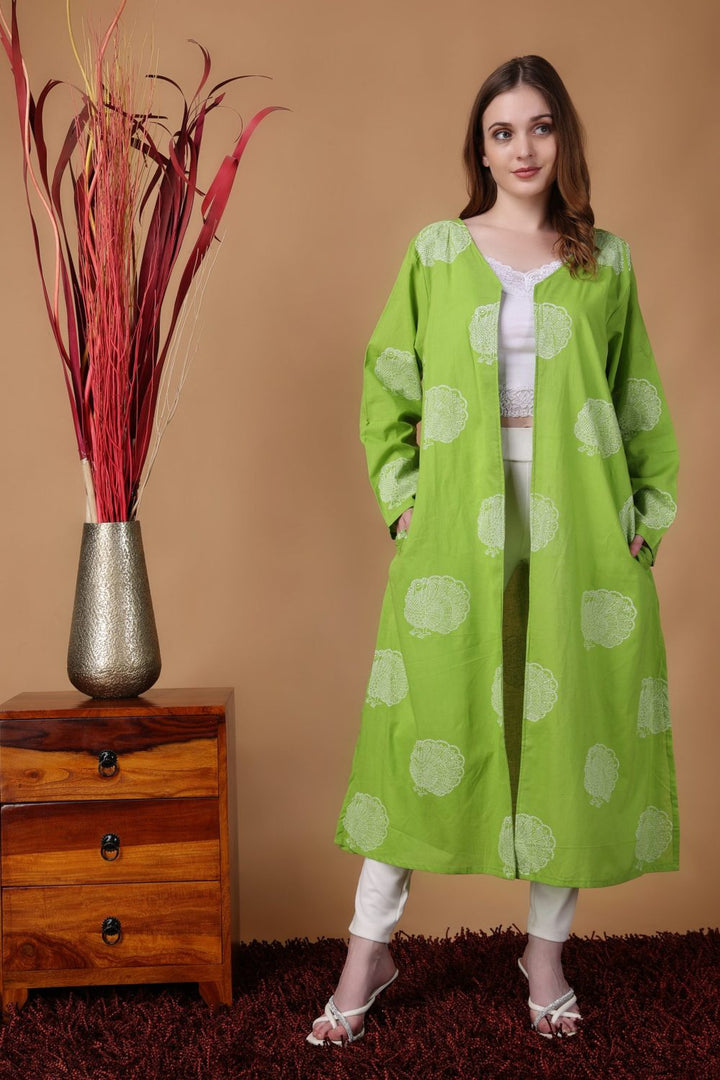 Indha Shrug | Green Cotton Shrug | Hand Block Printed White Peacock Design Motif | Hand Block Printed Shrug | Full Sleeves Shrug | Shrugs For Women | Traditional Shrugs | Gifting | Fashion Wear | Indo Western Shrug | Fashion Apparel | Ethnic