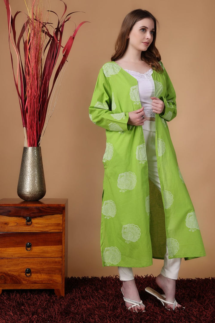 Indha Shrug | Green Cotton Shrug | Hand Block Printed White Peacock Design Motif | Hand Block Printed Shrug | Full Sleeves Shrug | Shrugs For Women | Traditional Shrugs | Gifting | Fashion Wear | Indo Western Shrug | Fashion Apparel | Ethnic