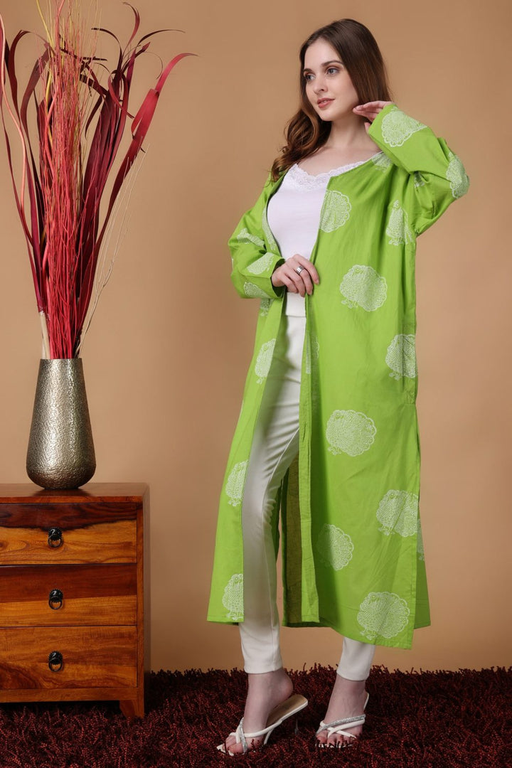 Indha Shrug | Green Cotton Shrug | Hand Block Printed White Peacock Design Motif | Hand Block Printed Shrug | Full Sleeves Shrug | Shrugs For Women | Traditional Shrugs | Gifting | Fashion Wear | Indo Western Shrug | Fashion Apparel | Ethnic