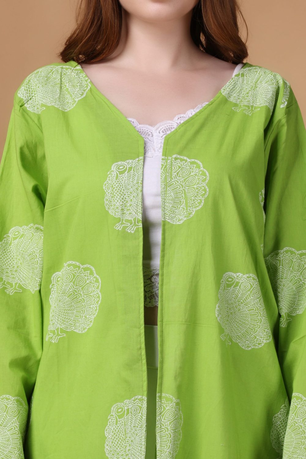 Indha Shrug | Green Cotton Shrug | Hand Block Printed White Peacock Design Motif | Hand Block Printed Shrug | Full Sleeves Shrug | Shrugs For Women | Traditional Shrugs | Gifting | Fashion Wear | Indo Western Shrug | Fashion Apparel | Ethnic