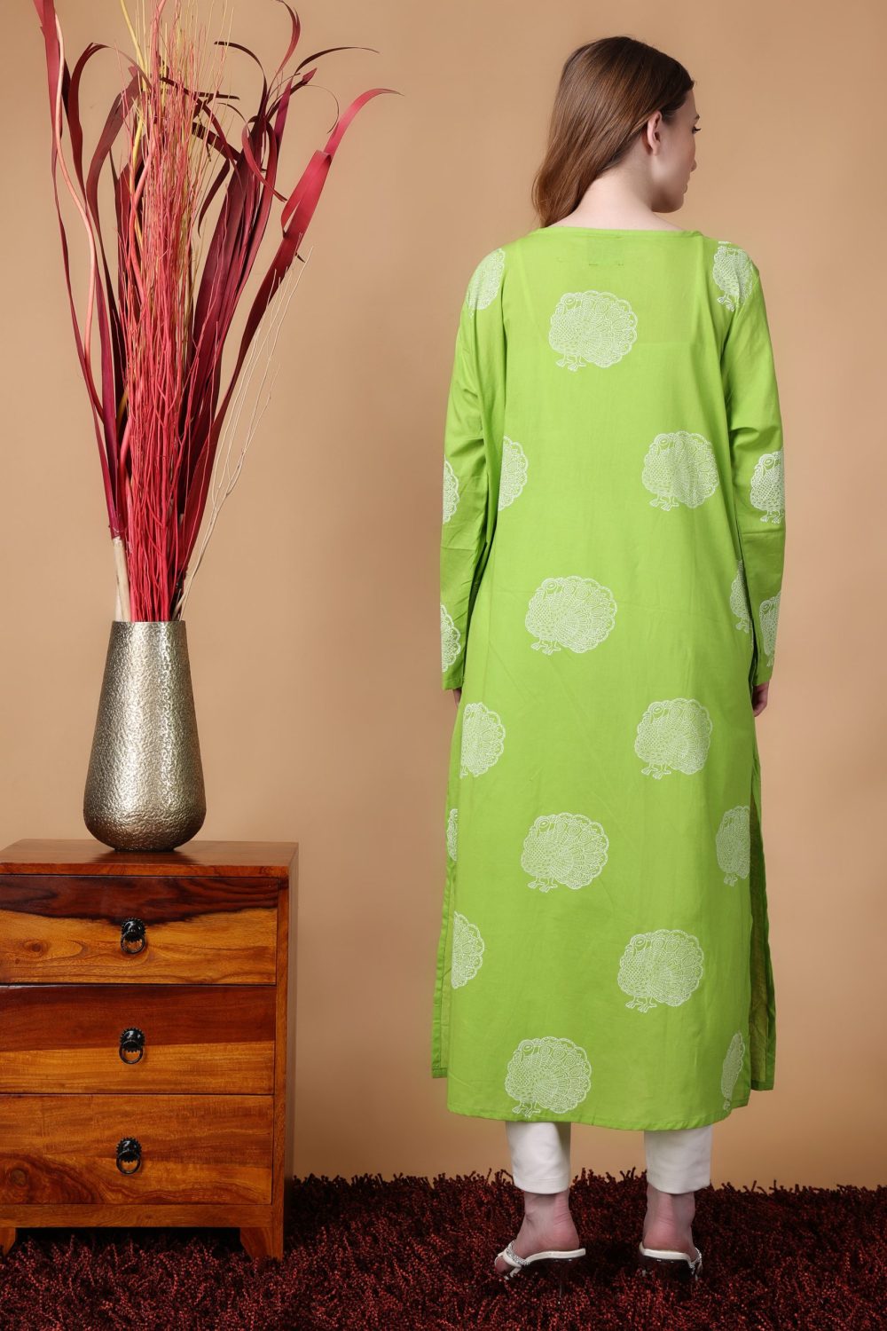 Indha Shrug | Green Cotton Shrug | Hand Block Printed White Peacock Design Motif | Hand Block Printed Shrug | Full Sleeves Shrug | Shrugs For Women | Traditional Shrugs | Gifting | Fashion Wear | Indo Western Shrug | Fashion Apparel | Ethnic