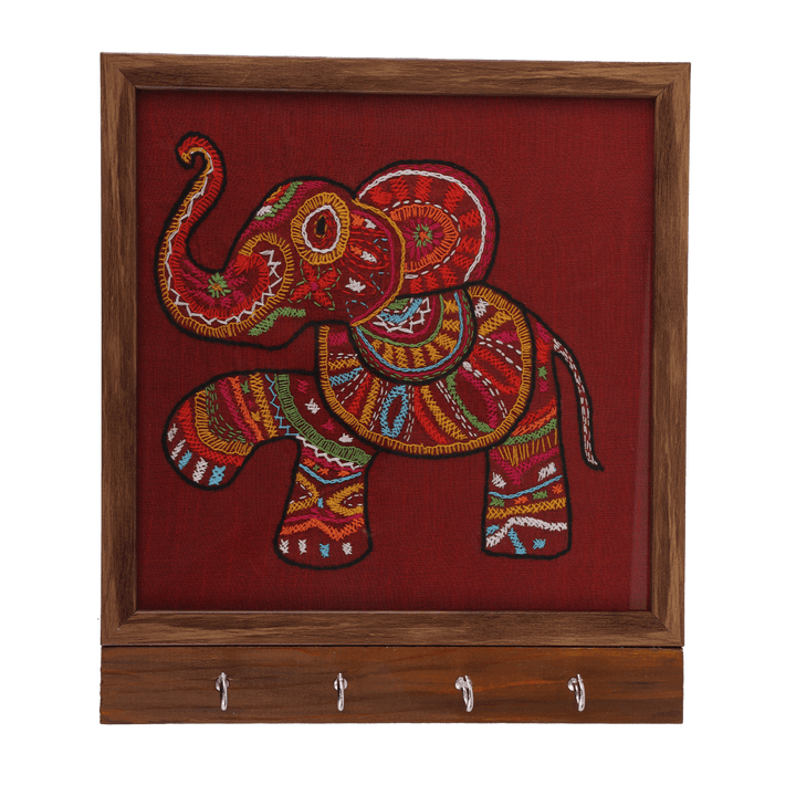 Indha Handcrafted Key Chain Holder | Maroon Dupion Silk Key Holder| Hand Embroidered Chain Stitch And Kantha Work Multicolor Elephant Design |