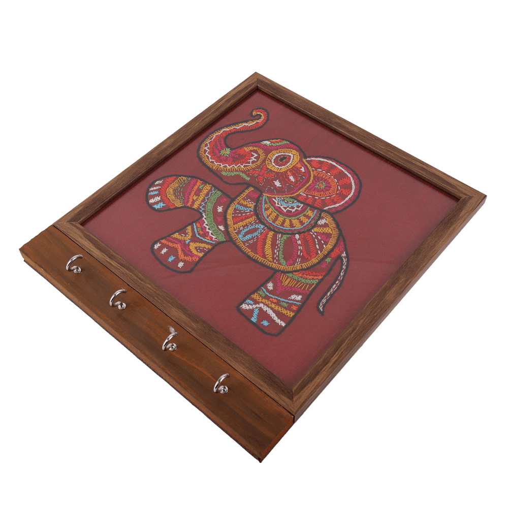 Indha Handcrafted Key Chain Holder | Maroon Dupion Silk Key Holder| Hand Embroidered Chain Stitch And Kantha Work Multicolor Elephant Design |