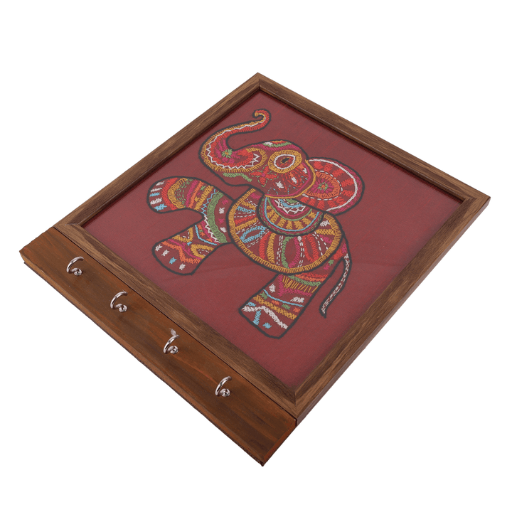 Indha Handcrafted Key Chain Holder | Maroon Dupion Silk Key Holder| Hand Embroidered Chain Stitch And Kantha Work Multicolor Elephant Design |