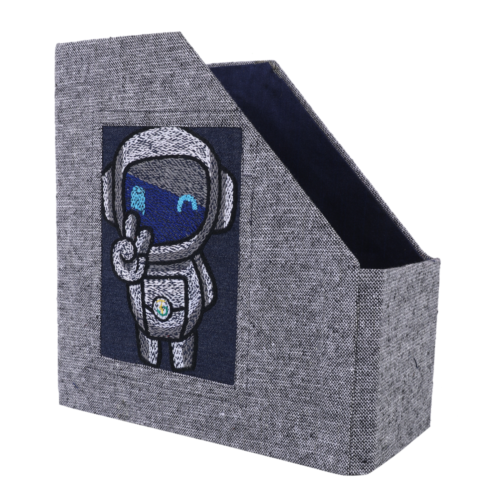INDHA Handcrafted Magazine Holder | Grey Dupion Silk Magazine Holder | Hand Embroidered Chain Stitch Work Multicolor Robot Design | Hand Embroidered Magazine Holder | Foldable Magazine Holder |