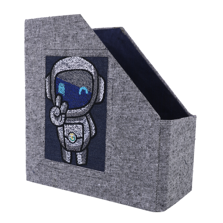INDHA Handcrafted Magazine Holder | Grey Dupion Silk Magazine Holder | Hand Embroidered Chain Stitch Work Multicolor Robot Design | Hand Embroidered Magazine Holder | Foldable Magazine Holder |