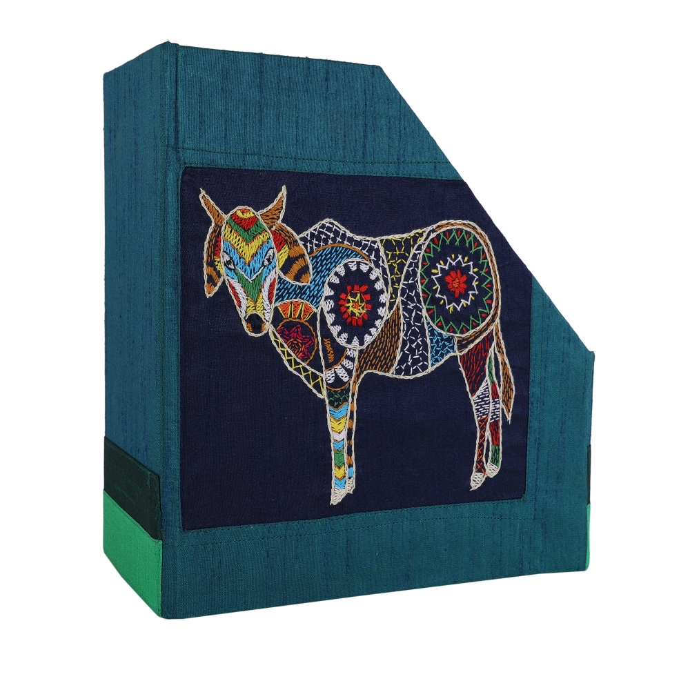 INDHA Handmade Magazine Holder | Teal Gree Dupion Silk Magazine Holder | Hand Embroidered Chain Stitch Work Multicolor Cow Design | Hand Embroidered Magazine Holder | Foldable Magazine Holder |