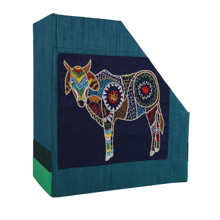 INDHA Handmade Magazine Holder | Teal Gree Dupion Silk Magazine Holder | Hand Embroidered Chain Stitch Work Multicolor Cow Design | Hand Embroidered Magazine Holder | Foldable Magazine Holder |