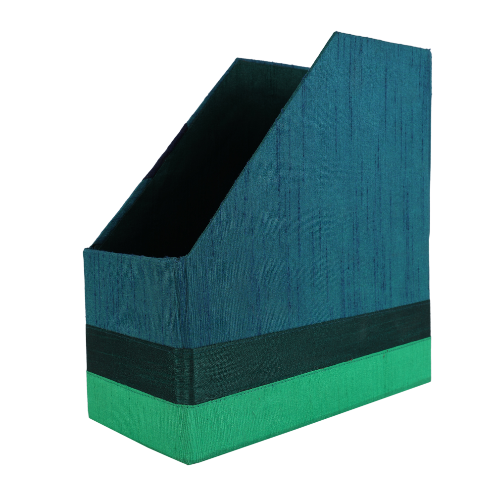 INDHA Handmade Magazine Holder | Teal Gree Dupion Silk Magazine Holder | Hand Embroidered Chain Stitch Work Multicolor Cow Design | Hand Embroidered Magazine Holder | Foldable Magazine Holder |