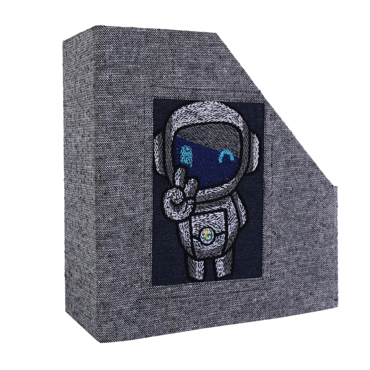 INDHA Handcrafted Magazine Holder | Grey Dupion Silk Magazine Holder | Hand Embroidered Chain Stitch Work Multicolor Robot Design | Hand Embroidered Magazine Holder | Foldable Magazine Holder |