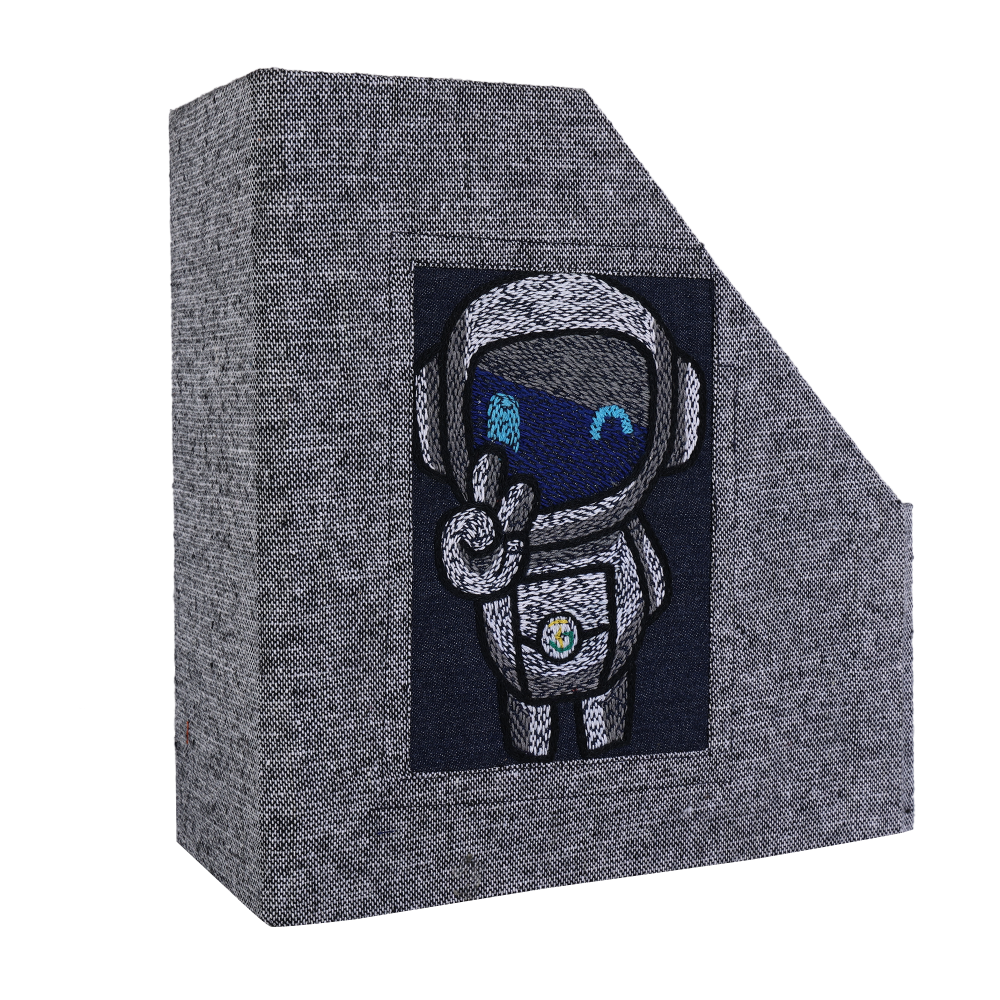 INDHA Handcrafted Magazine Holder | Grey Dupion Silk Magazine Holder | Hand Embroidered Chain Stitch Work Multicolor Robot Design | Hand Embroidered Magazine Holder | Foldable Magazine Holder |