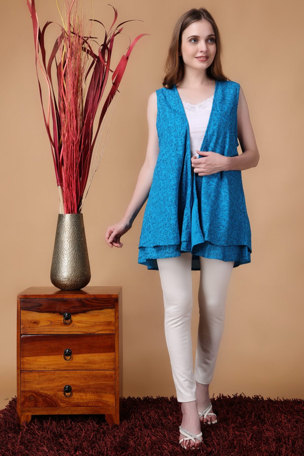 Indha Shrug | Sky Blue Cotton Shrug | Hand Block Printed Navy Blue Mohenjo-Daro Design Motif | Hand Block Printed Shrug | Sleeveless Shrug | Shrugs For Women | Traditional Shrugs | Gifting | Fashion Wear | Indo Western Shrug | Fashion Apparel