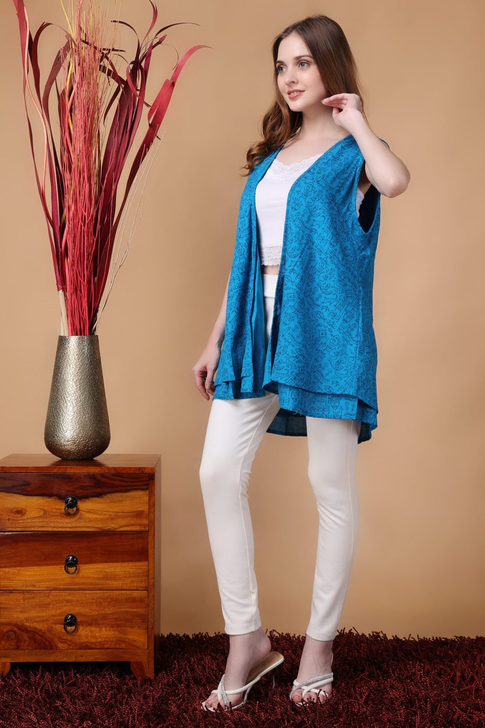 Indha Shrug | Sky Blue Cotton Shrug | Hand Block Printed Navy Blue Mohenjo-Daro Design Motif | Hand Block Printed Shrug | Sleeveless Shrug | Shrugs For Women | Traditional Shrugs | Gifting | Fashion Wear | Indo Western Shrug | Fashion Apparel