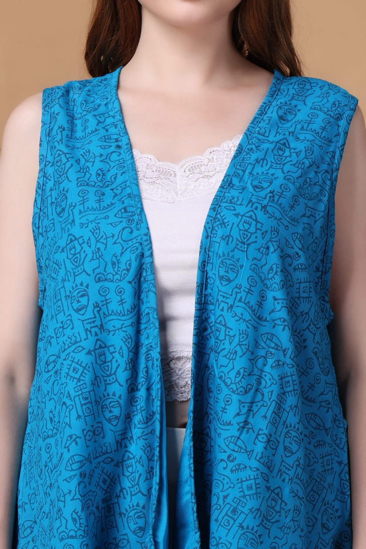 Indha Shrug | Sky Blue Cotton Shrug | Hand Block Printed Navy Blue Mohenjo-Daro Design Motif | Hand Block Printed Shrug | Sleeveless Shrug | Shrugs For Women | Traditional Shrugs | Gifting | Fashion Wear | Indo Western Shrug | Fashion Apparel