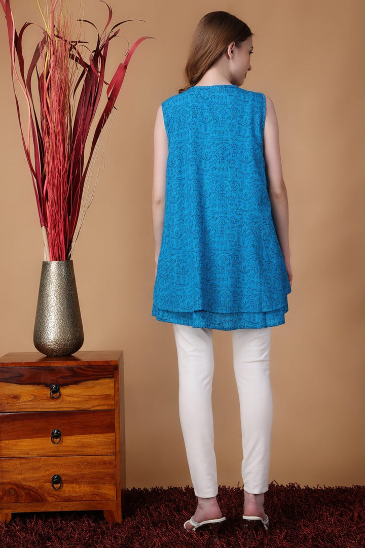 Indha Shrug | Sky Blue Cotton Shrug | Hand Block Printed Navy Blue Mohenjo-Daro Design Motif | Hand Block Printed Shrug | Sleeveless Shrug | Shrugs For Women | Traditional Shrugs | Gifting | Fashion Wear | Indo Western Shrug | Fashion Apparel