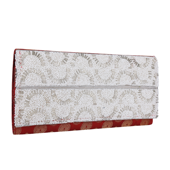 Indha Handcrafted Clutch Purse| Maroon Brocade Clutch Purse| Hand Embroidered Pattern | Decorative Clutch Purse With White Glass Beads | Wedding Accessory | Gifting | Gifts For Her | Festive Purse | Clutch Purse|