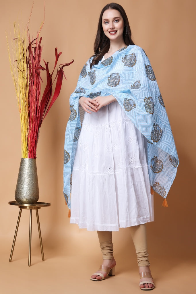 INDHA Stole | White Cotton Stole | Hand Block Printed Blue Geometric Design Pattern And Brown Peacock Design Motif | Hand Block Printed Stole | Stoles For Women | Ethnic Stoles | Gifting | Fashion Wear | Indo Western Stole | Fashion Accessory